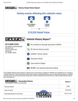 CARFAX Vehicle History Report for this 2010 BMW 535 XI WBAPT7 C52 ACW98243