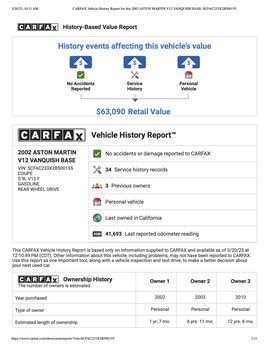 CARFAX Vehicle History Report for this 2002 ASTON MARTIN V12 VANQUISH BASE SCFAC233 X2 B500155