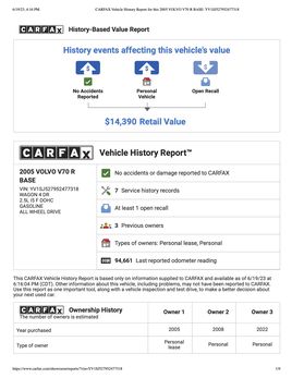 CARFAX Vehicle History Report for this 2005 VOLVO V70 R BASE YV1 SJ527952477318