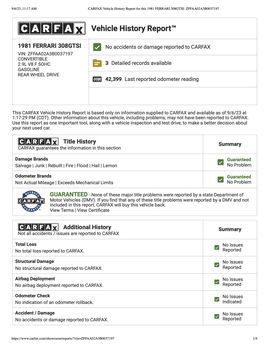 CARFAX Vehicle History Report for this 1981 FERRARI 308 GTSI ZFFAA02 A3 B0037197