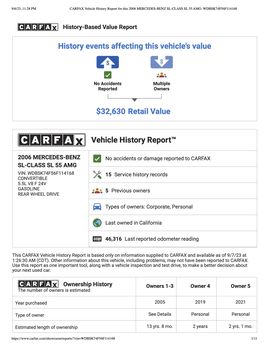 CARFAX Vehicle History Report for this 2006 MERCEDES BENZ SL CLASS SL 55 AMG WDBSK74 F56 F114168