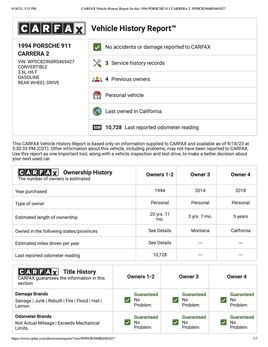CARFAX Vehicle History Report for this 1994 PORSCHE 911 CARRERA 2 WP0 CB2968 RS465427