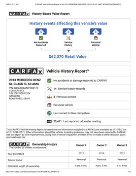 CARFAX Vehicle History Report for this 2013 MERCEDES BENZ SL CLASS SL 63 AMG WDDJK7 EA5 DF004174