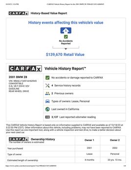 CARFAX Vehicle History Report for this 2001 BMW Z8 WBAEJ13451 AH60945