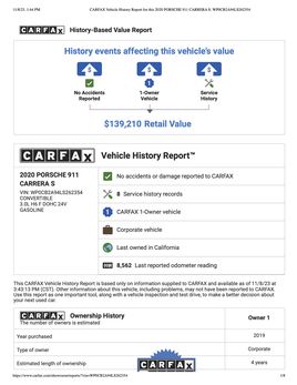 CARFAX Vehicle History Report for this 2020 PORSCHE 911 CARRERA S WP0 CB2 A94 LS262354