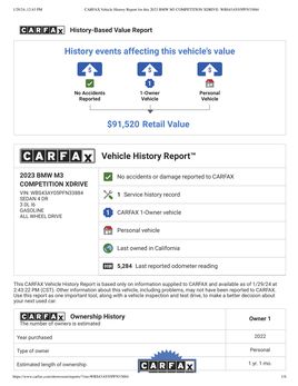 CARFAX Vehicle History Report for this 2023 BMW M3 COMPETITION XDRIVE WBS43 AY05 PFN33884