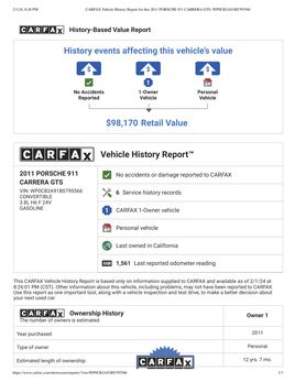 CARFAX Vehicle History Report for this 2011 PORSCHE 911 CARRERA GTS WP0 CB2 A91 BS795566