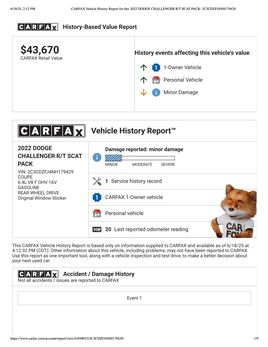 CARFAX Vehicle History Report for this 2022 DODGE CHALLENGER R T SCAT PACK 2 C3 CDZFJ4 NH179429