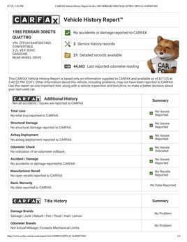 CARFAX Vehicle History Report for this 1985 FERRARI 308 GTS QUATTRO ZFFUA13 A4 F0057465