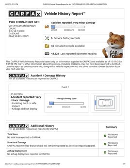 CARFAX Vehicle History Report for this 1987 FERRARI 328 GTB ZFFXA19 A5 H0072029