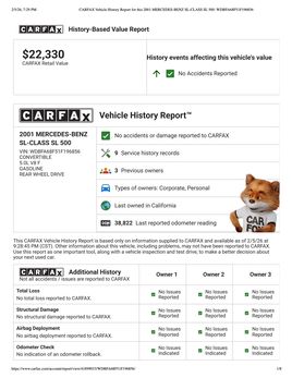 CARFAX Vehicle History Report for this 2001 MERCEDES BENZ SL CLASS SL 500 WDBFA68 F51 F196856