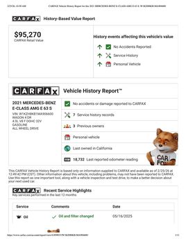 CARFAX Vehicle History Report for this 2021 MERCEDES BENZ E CLASS AMG E 63 S W1 KZH8 KB1 MA906600