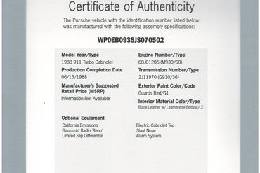 1988 911 Turbo Certificate of Authenticity